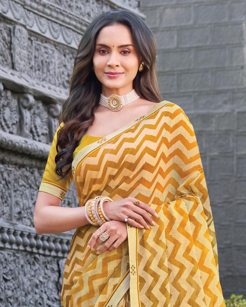 Vishal Prints Yellow Ochre Printed Chiffon Saree With Fancy Border