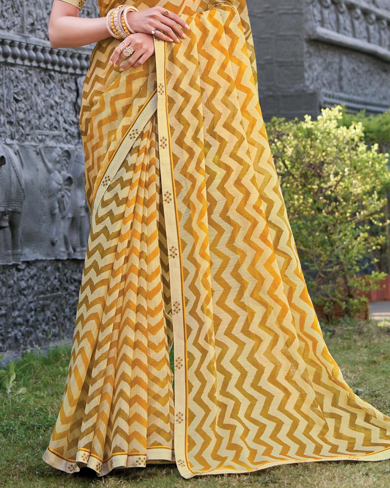 Vishal Prints Yellow Ochre Printed Chiffon Saree With Fancy Border