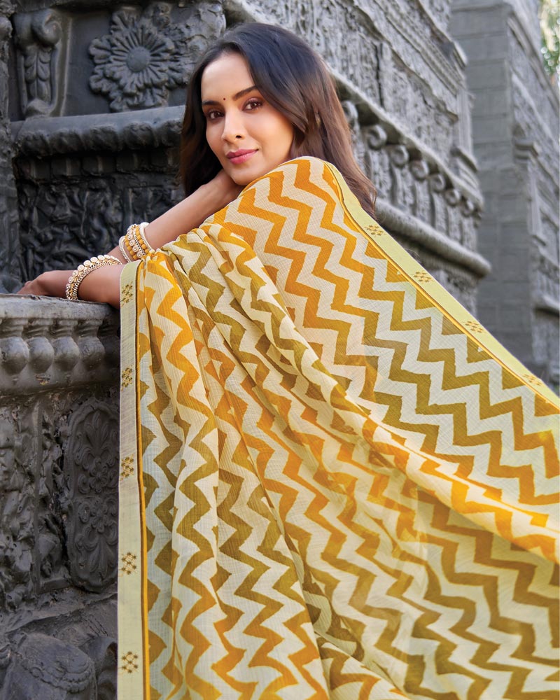 Vishal Prints Yellow Ochre Printed Chiffon Saree With Fancy Border