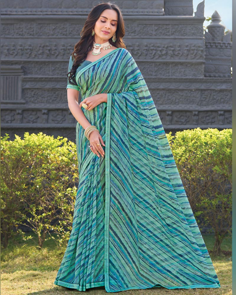 Vishal Prints Light Sea Green Printed Chiffon Saree With Fancy Border