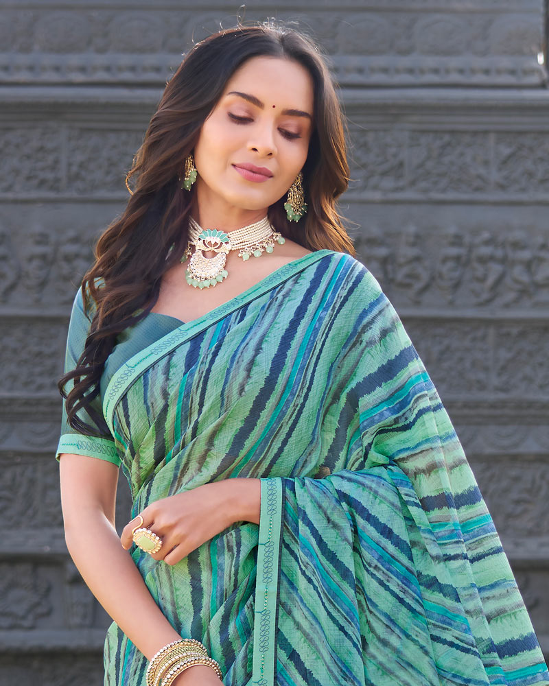 Vishal Prints Light Sea Green Printed Chiffon Saree With Fancy Border