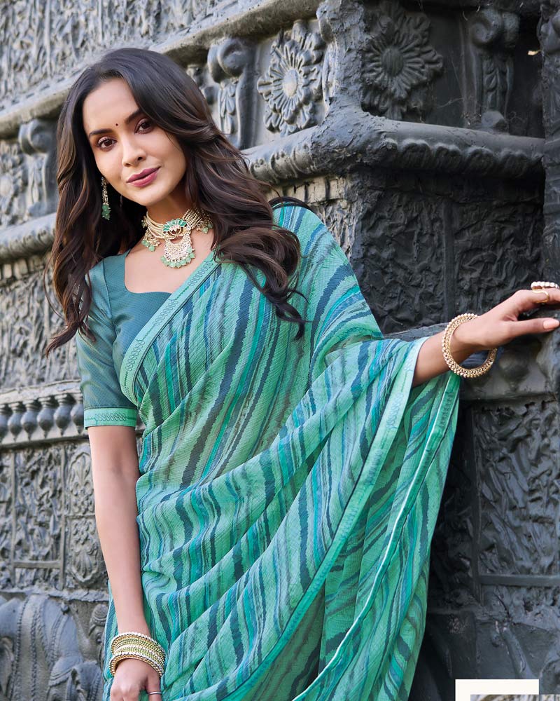 Vishal Prints Light Sea Green Printed Chiffon Saree With Fancy Border