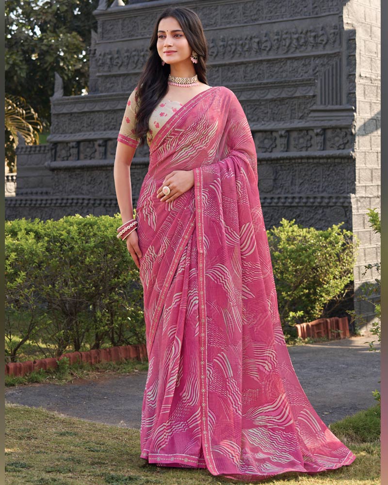 Vishal Prints Dusyt Pink Printed Chiffon Saree With Fancy Border