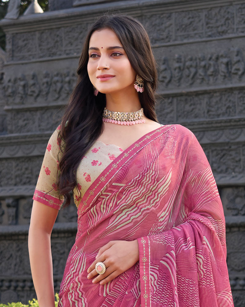 Vishal Prints Dusyt Pink Printed Chiffon Saree With Fancy Border