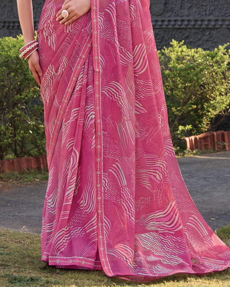 Vishal Prints Dusyt Pink Printed Chiffon Saree With Fancy Border