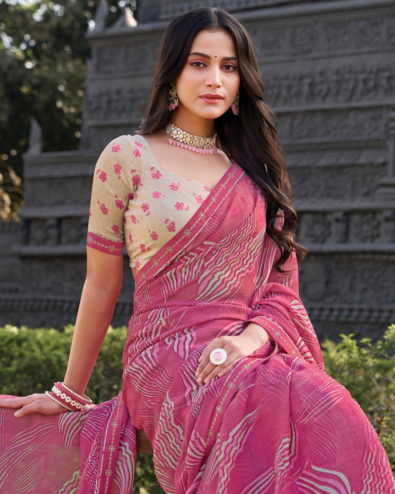 Vishal Prints Dusyt Pink Printed Chiffon Saree With Fancy Border