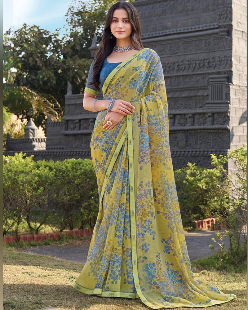 Vishal Prints Pale Olive Yellow Printed Chiffon Saree With Fancy Border