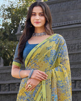 Vishal Prints Pale Olive Yellow Printed Chiffon Saree With Fancy Border