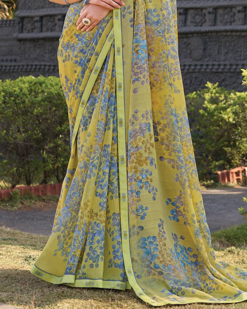 Vishal Prints Pale Olive Yellow Printed Chiffon Saree With Fancy Border