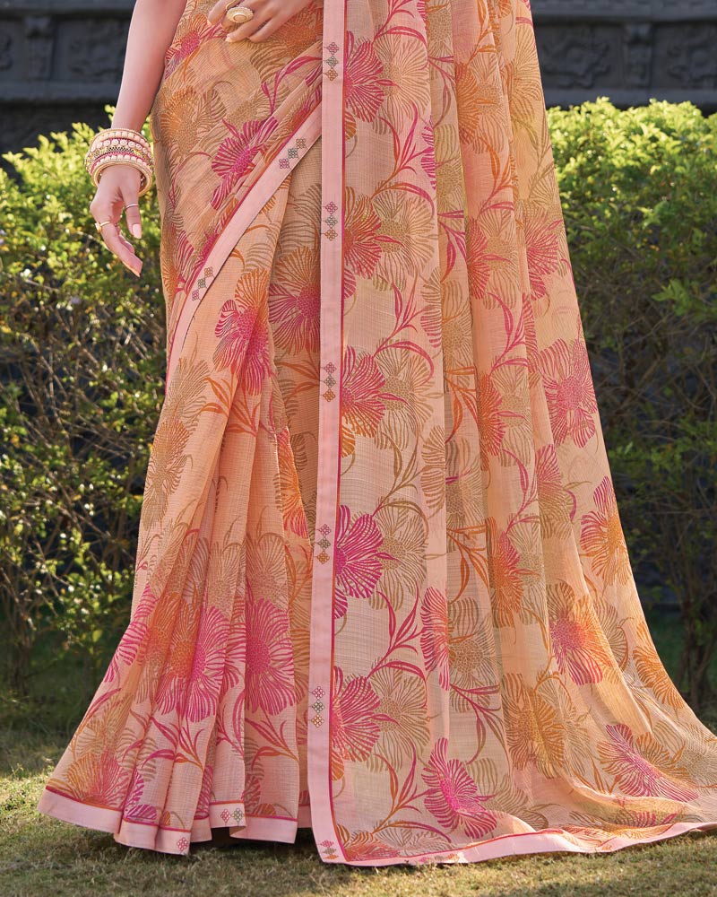 Vishal Prints Pastel Pinkish Orange Printed Chiffon Saree With Fancy Border