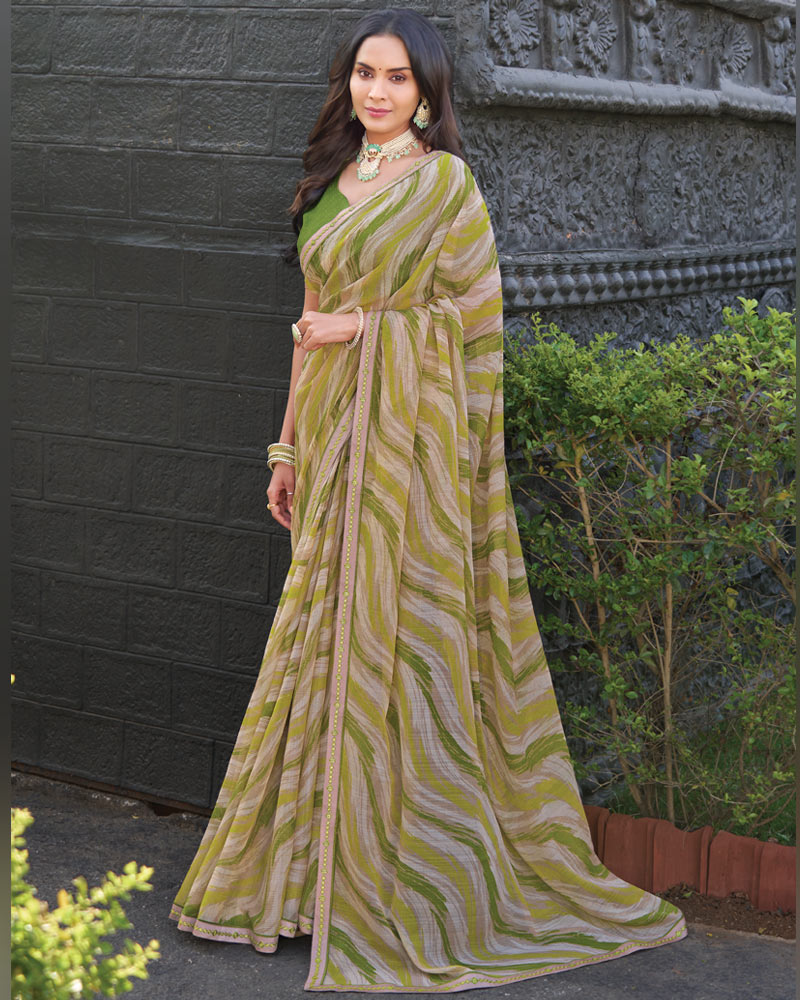 Vishal Prints Shaded Green Printed Chiffon Saree With Fancy Border