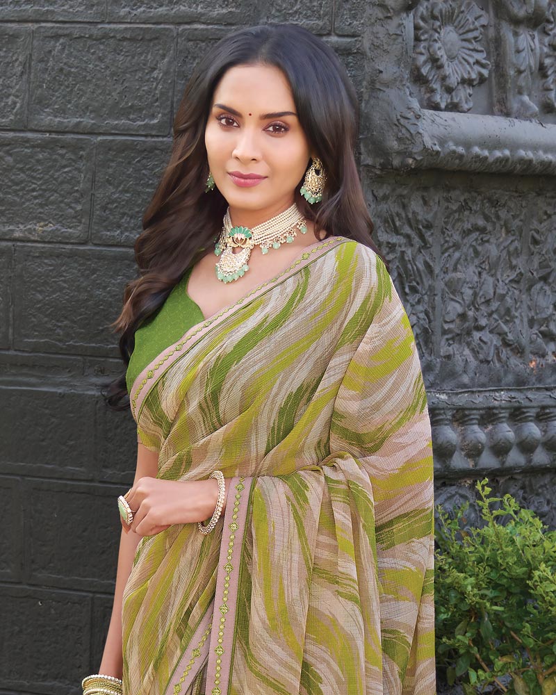 Vishal Prints Shaded Green Printed Chiffon Saree With Fancy Border