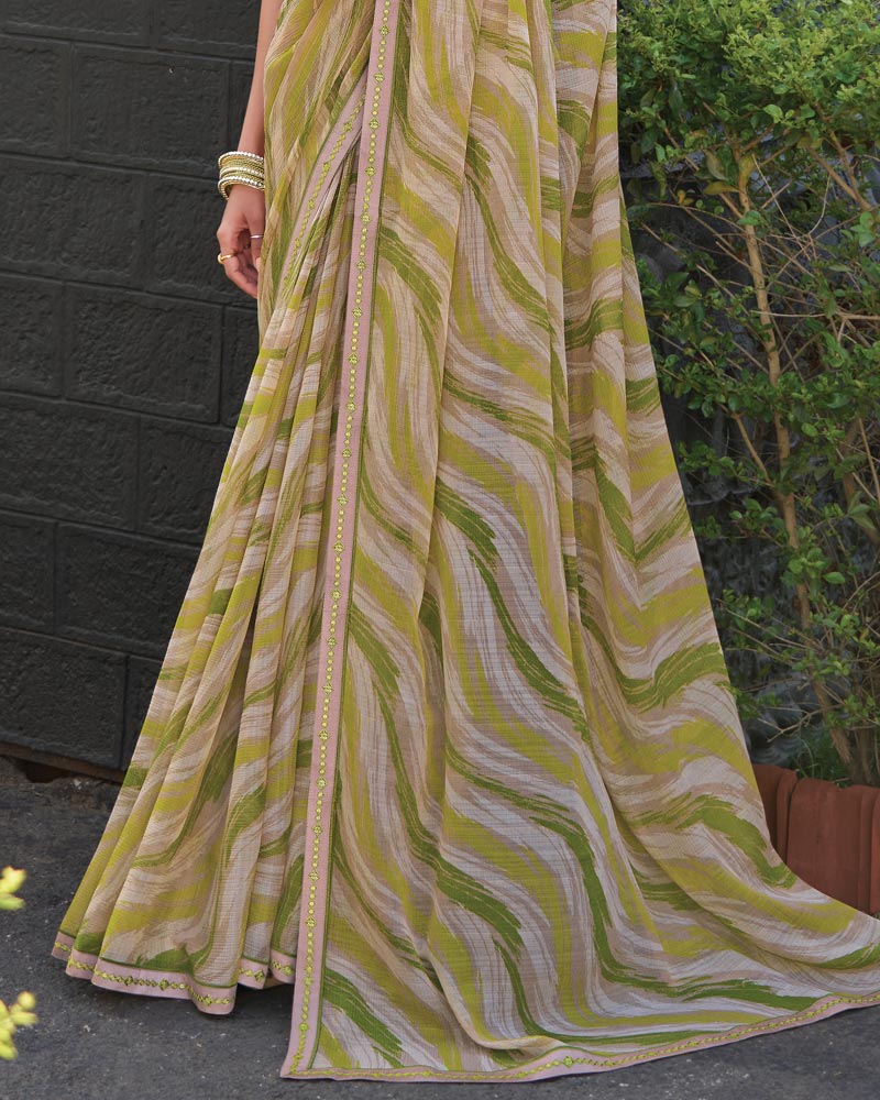 Vishal Prints Shaded Green Printed Chiffon Saree With Fancy Border
