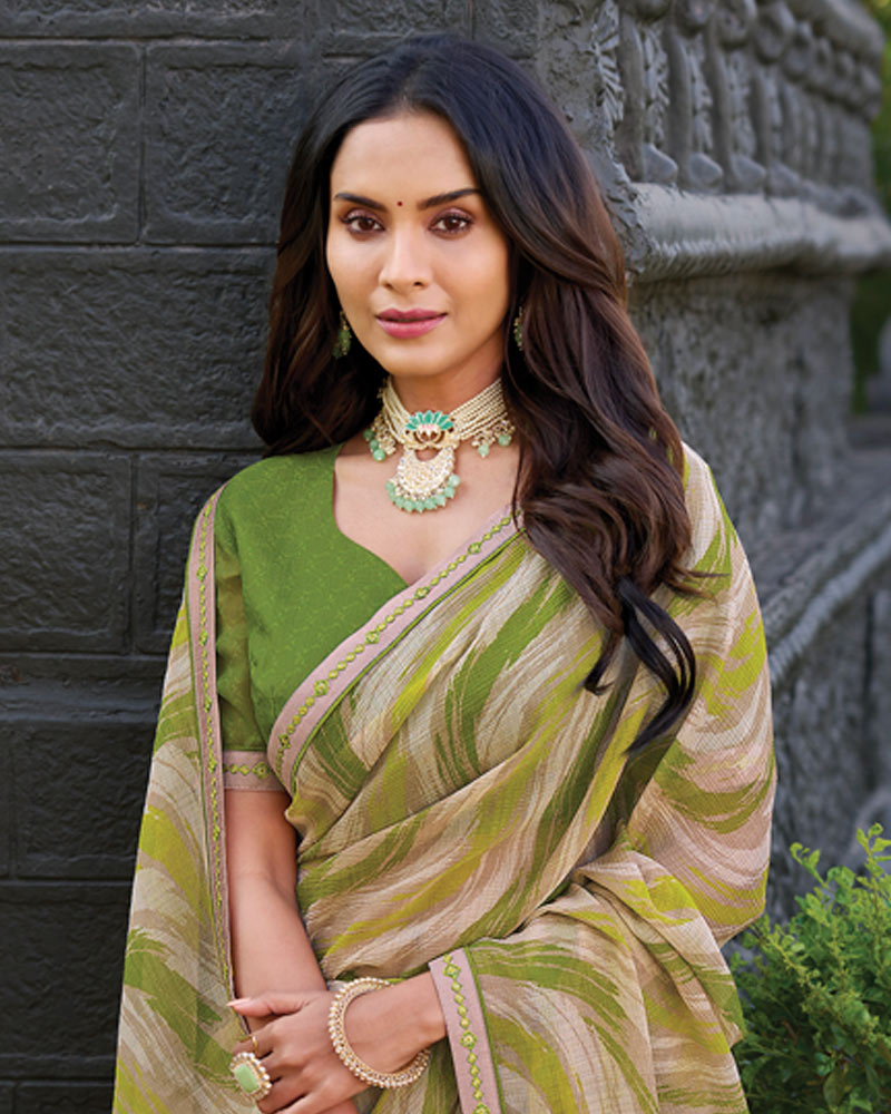 Vishal Prints Shaded Green Printed Chiffon Saree With Fancy Border