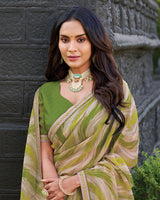 Vishal Prints Shaded Green Printed Chiffon Saree With Fancy Border
