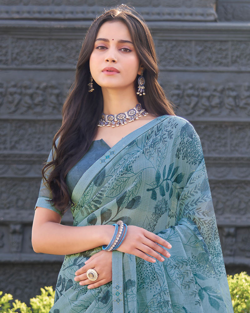Vishal Prints Dark Pastel Blue Printed Chiffon Saree With Fancy Border