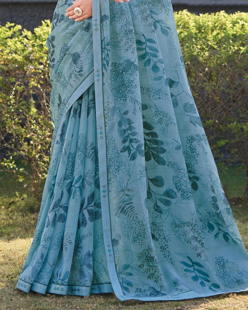 Vishal Prints Dark Pastel Blue Printed Chiffon Saree With Fancy Border