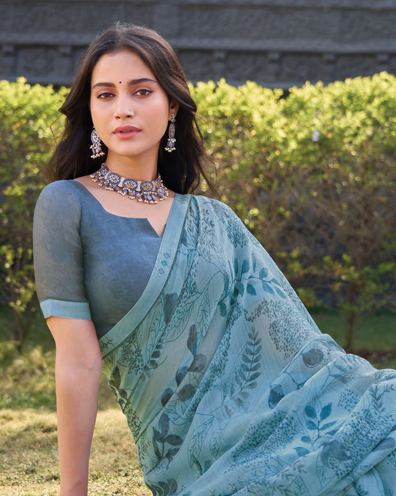 Vishal Prints Dark Pastel Blue Printed Chiffon Saree With Fancy Border