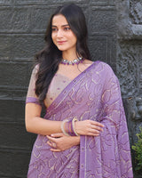 Vishal Prints Light Pastel Purple Printed Chiffon Saree With Fancy Border