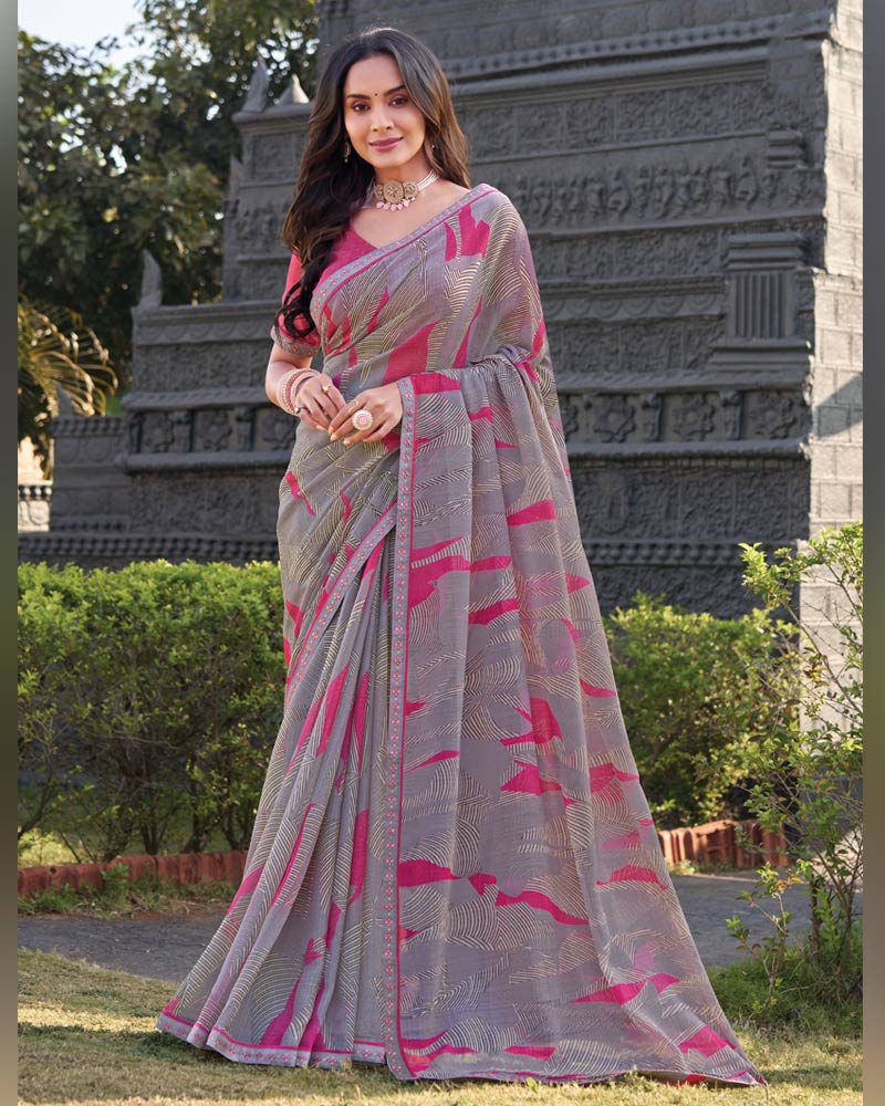 Vishal Prints Grey Purple Printed Chiffon Saree With Fancy Border