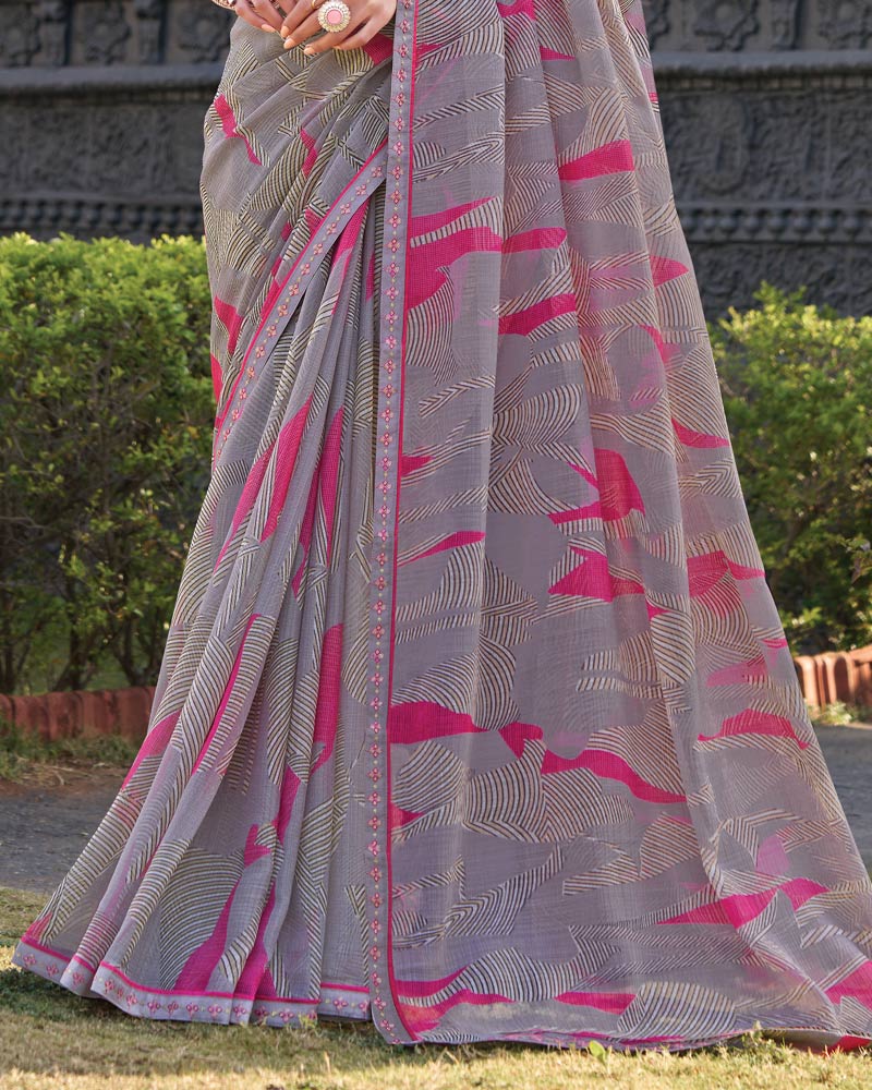 Vishal Prints Grey Purple Printed Chiffon Saree With Fancy Border