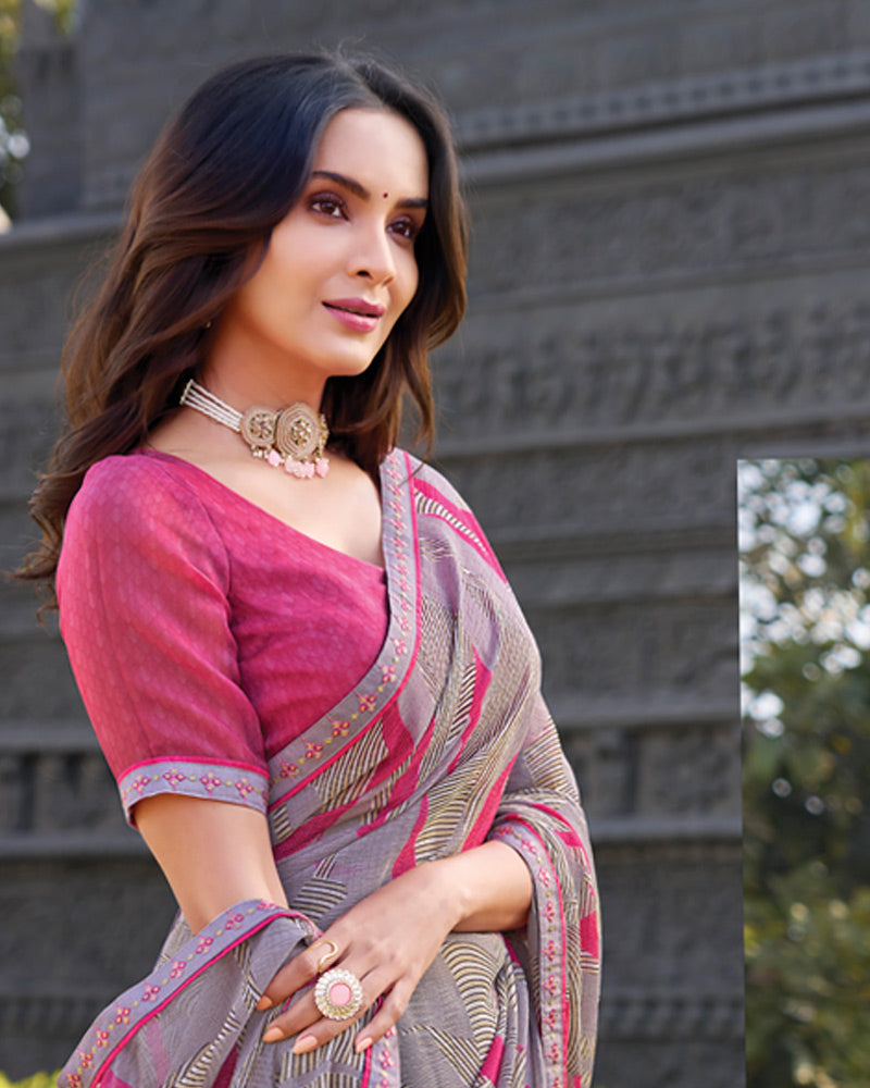 Vishal Prints Grey Purple Printed Chiffon Saree With Fancy Border