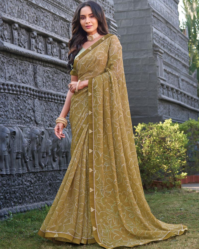 Vishal Prints Khaki Brown Printed Chiffon Saree With Fancy Border