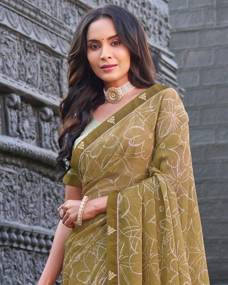 Vishal Prints Khaki Brown Printed Chiffon Saree With Fancy Border