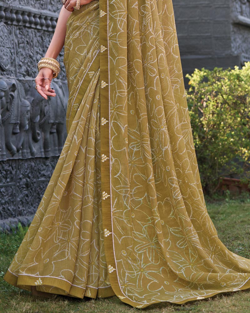 Vishal Prints Khaki Brown Printed Chiffon Saree With Fancy Border