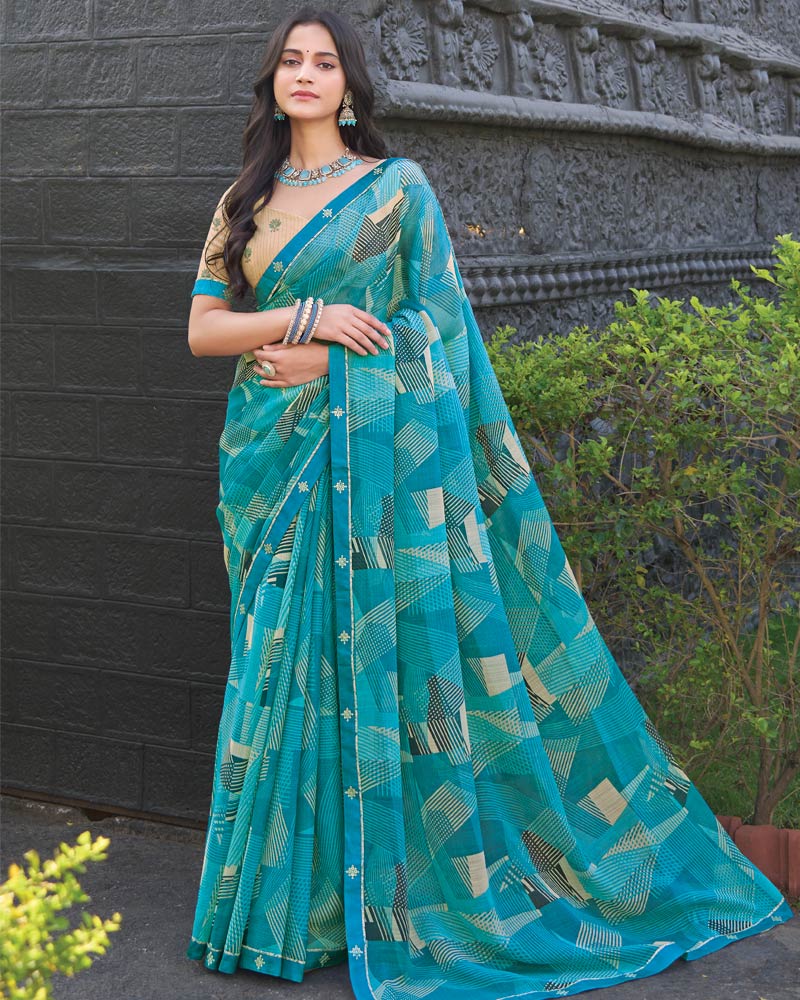 Vishal Prints Sky Blue Printed Chiffon Saree With Fancy Border
