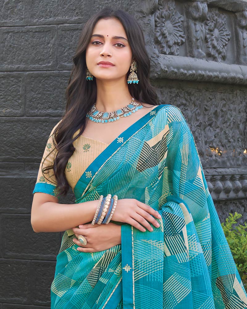 Vishal Prints Sky Blue Printed Chiffon Saree With Fancy Border