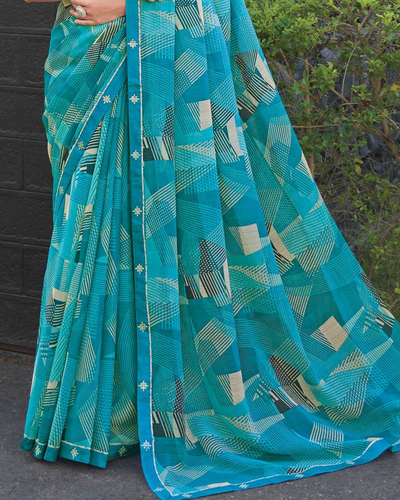 Vishal Prints Sky Blue Printed Chiffon Saree With Fancy Border