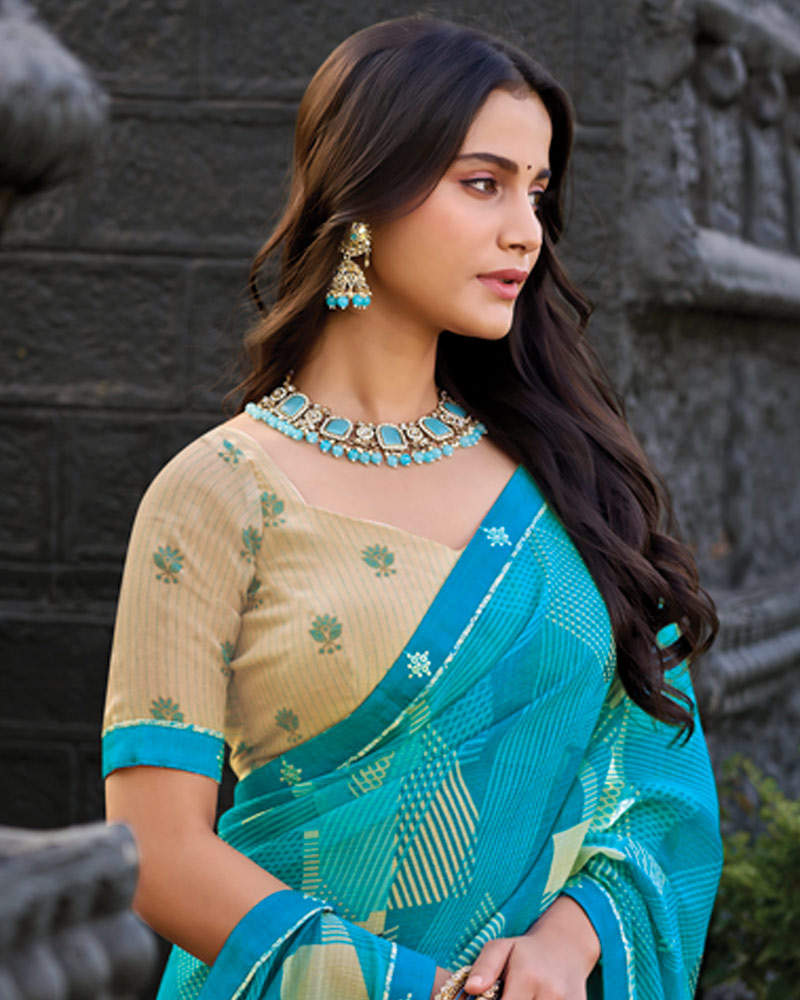 Vishal Prints Sky Blue Printed Chiffon Saree With Fancy Border