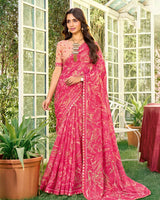 Vishal Prints Watermelon Pink Printed Chiffon Saree With Fancy Embroidery Work Border