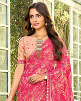 Vishal Prints Watermelon Pink Printed Chiffon Saree With Fancy Embroidery Work Border