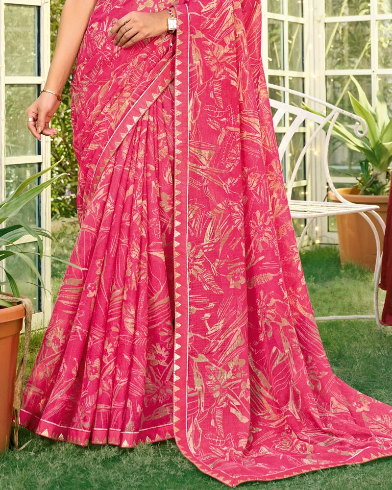 Vishal Prints Watermelon Pink Printed Chiffon Saree With Fancy Embroidery Work Border