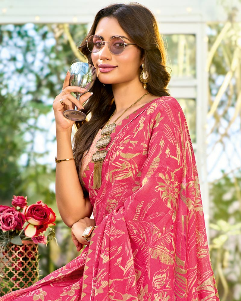 Vishal Prints Watermelon Pink Printed Chiffon Saree With Fancy Embroidery Work Border