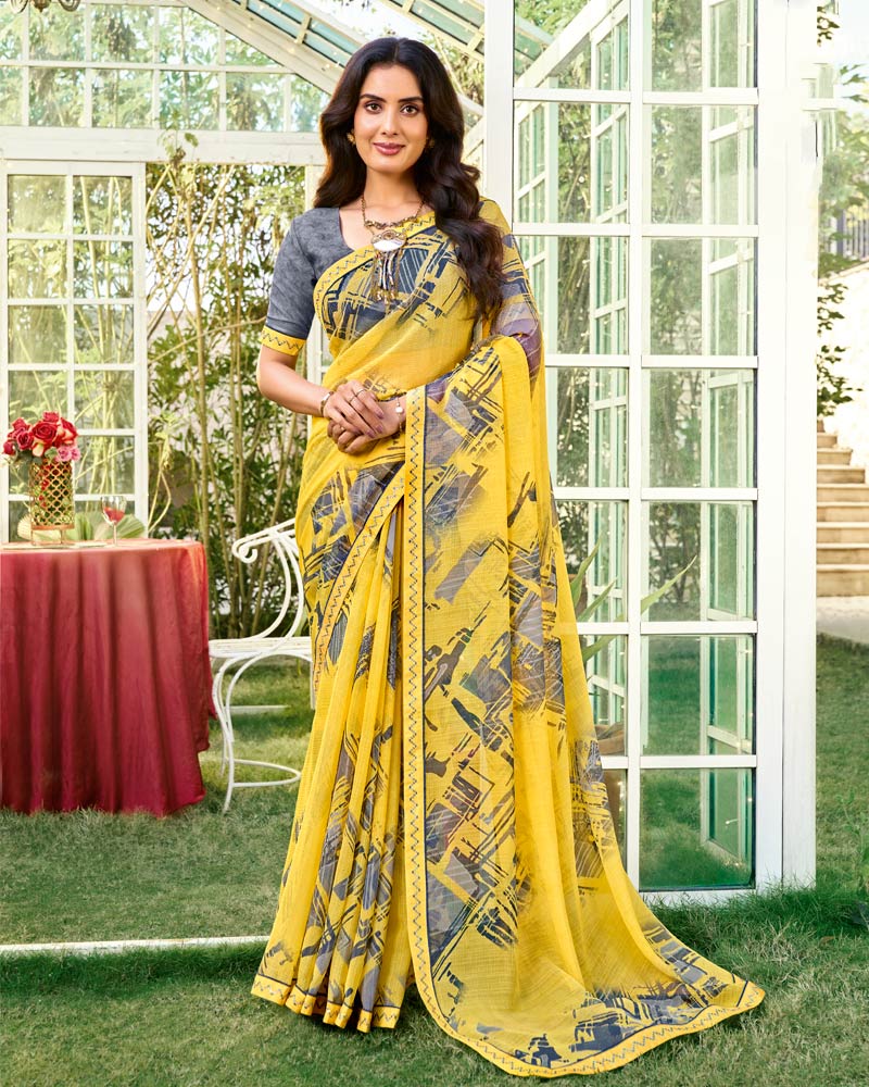 Vishal Prints Sunglow Yellow Printed Chiffon Saree With Fancy Embroidery Work Border