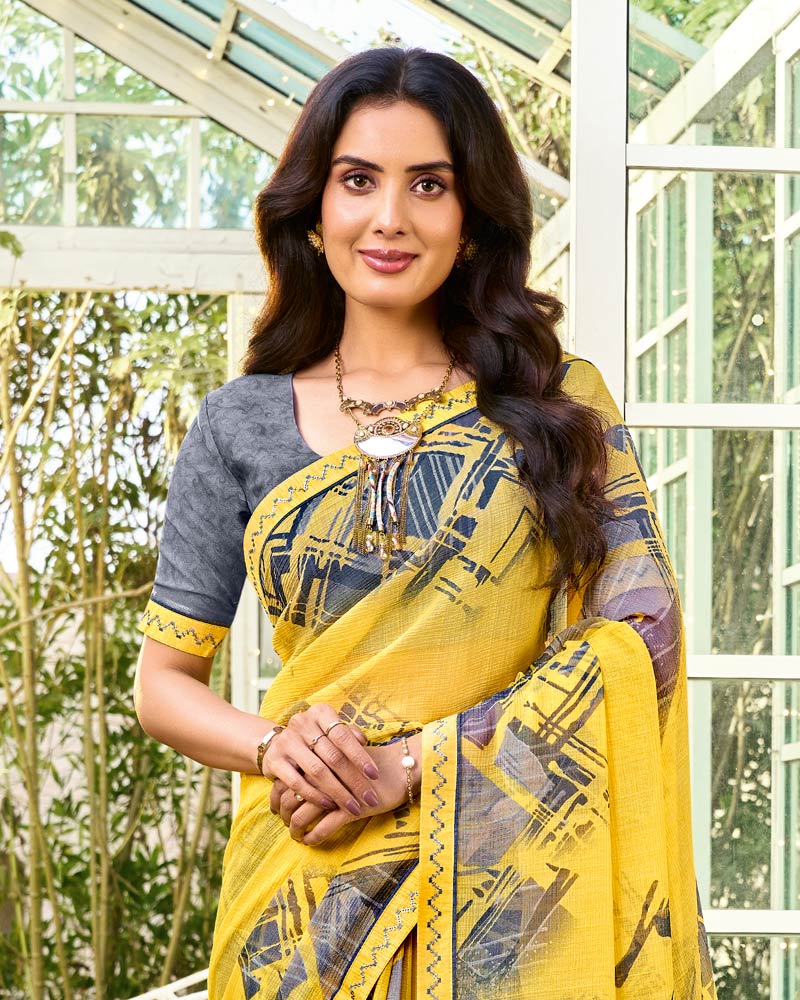 Vishal Prints Sunglow Yellow Printed Chiffon Saree With Fancy Embroidery Work Border
