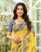 Vishal Prints Sunglow Yellow Printed Chiffon Saree With Fancy Embroidery Work Border
