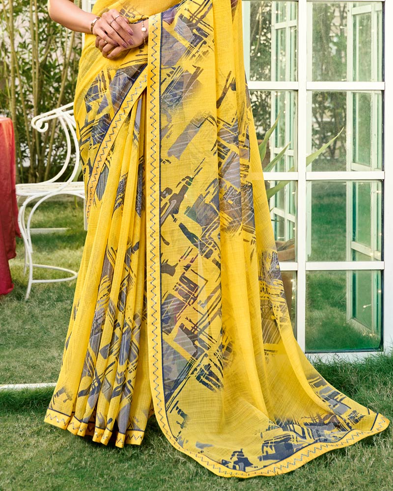 Vishal Prints Sunglow Yellow Printed Chiffon Saree With Fancy Embroidery Work Border