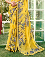 Vishal Prints Sunglow Yellow Printed Chiffon Saree With Fancy Embroidery Work Border