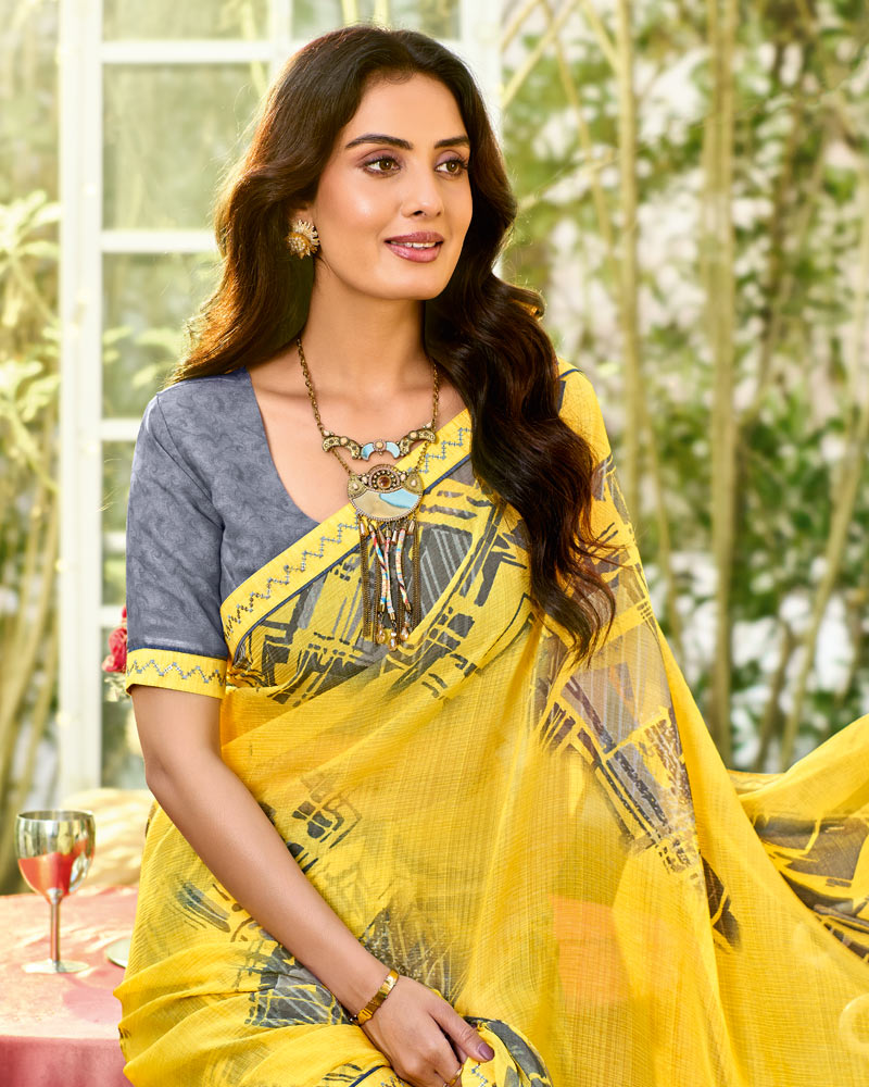 Vishal Prints Sunglow Yellow Printed Chiffon Saree With Fancy Embroidery Work Border