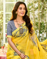 Vishal Prints Sunglow Yellow Printed Chiffon Saree With Fancy Embroidery Work Border
