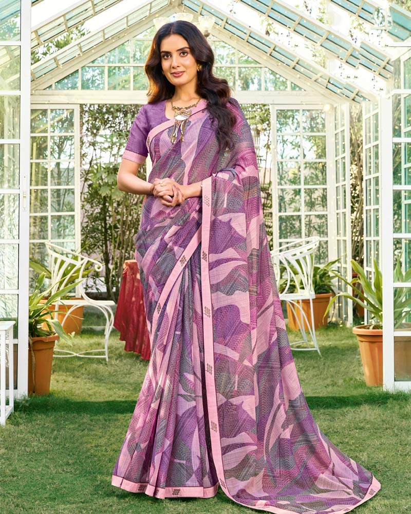Vishal Prints Dusty Lavender Printed Chiffon Saree With Fancy Embroidery Work Border