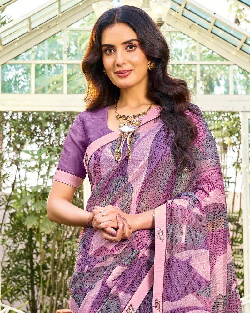 Vishal Prints Dusty Lavender Printed Chiffon Saree With Fancy Embroidery Work Border
