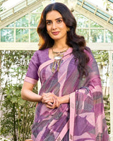 Vishal Prints Dusty Lavender Printed Chiffon Saree With Fancy Embroidery Work Border