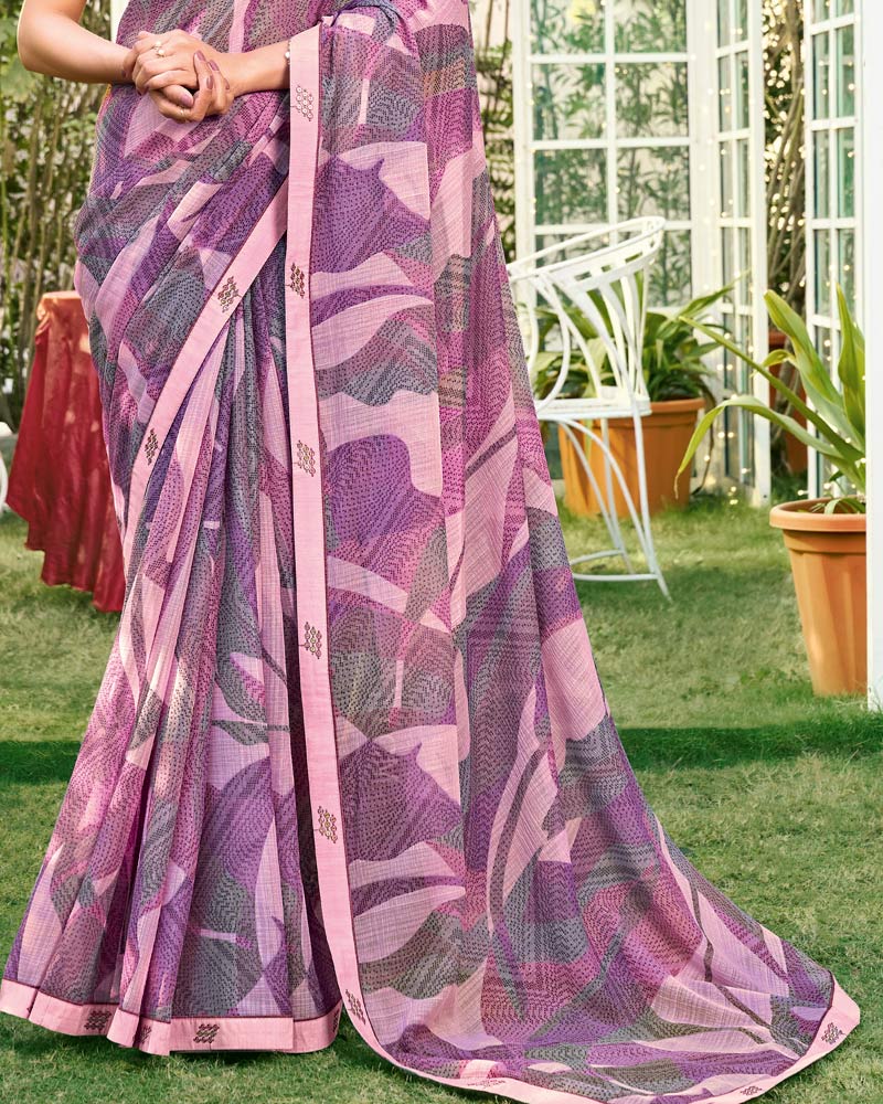 Vishal Prints Dusty Lavender Printed Chiffon Saree With Fancy Embroidery Work Border