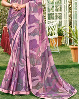 Vishal Prints Dusty Lavender Printed Chiffon Saree With Fancy Embroidery Work Border