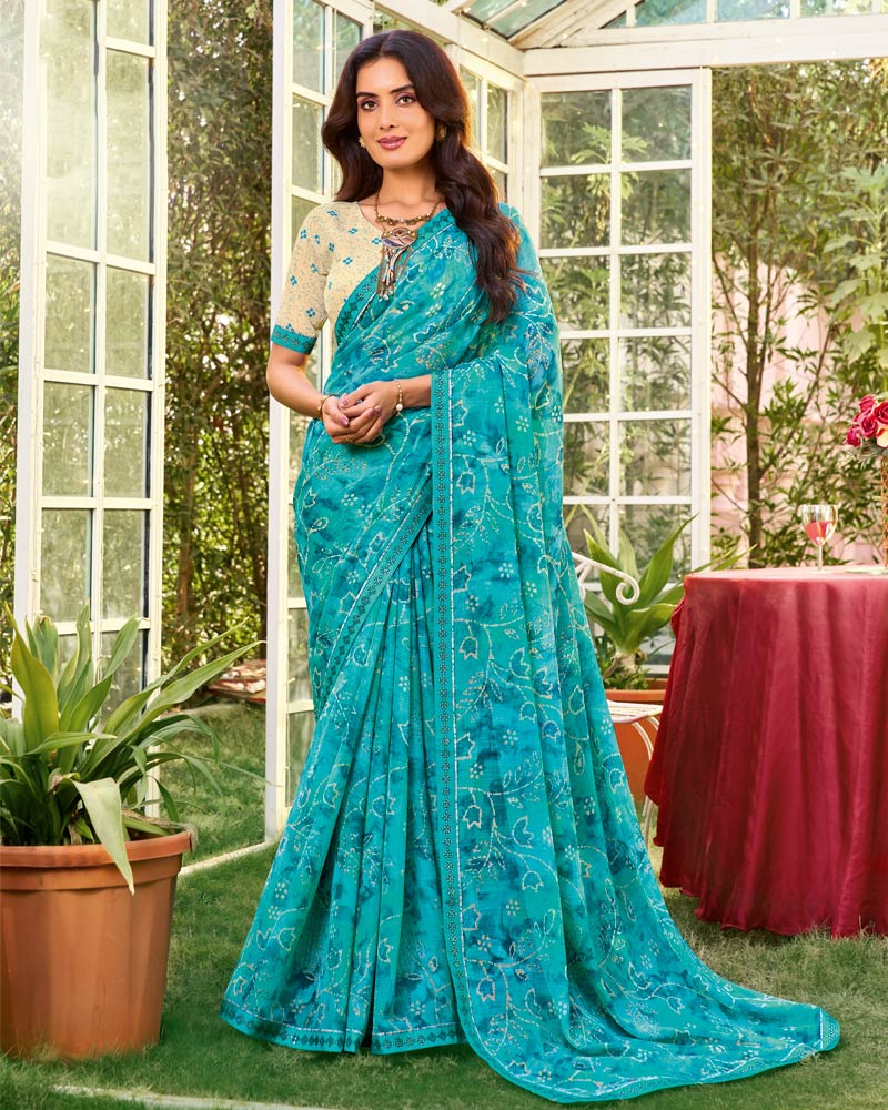 Vishal Prints Bondi Blue Printed Chiffon Saree With Fancy Embroidery Work Border